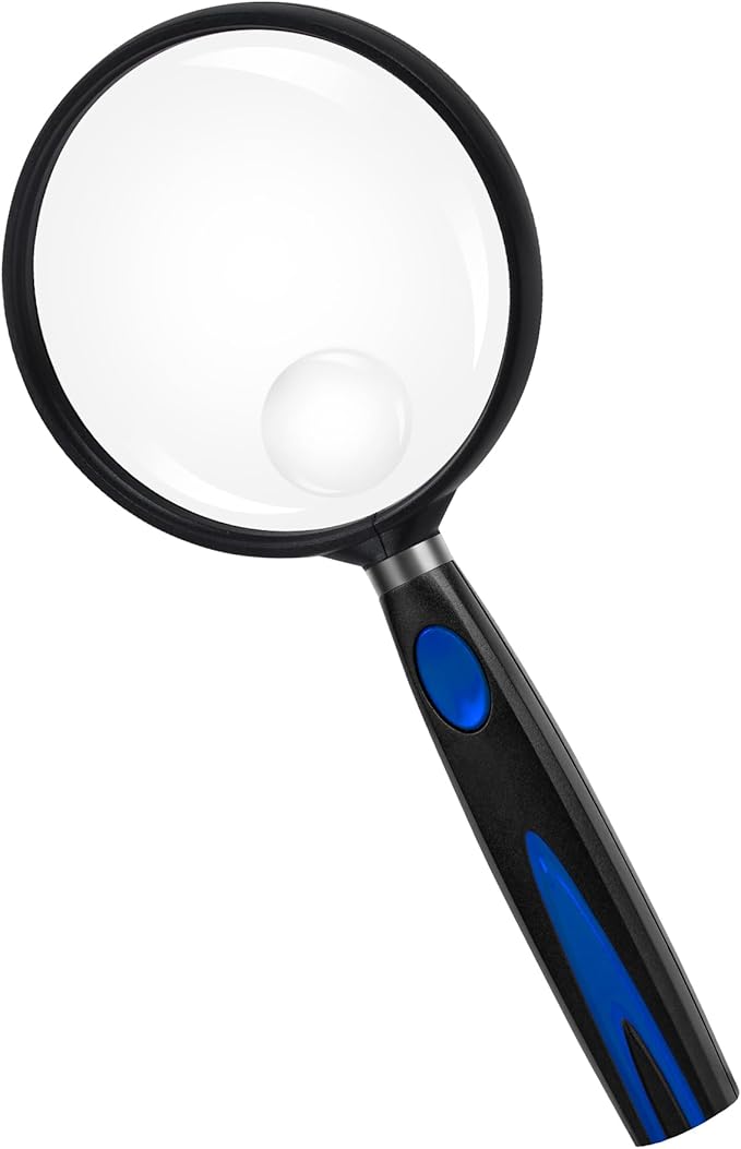 Feosky Handheld Reading Magnifier, 10X 30X Magnifier, 75mm Shatterproof Lens, Non-Slip Handle for Adults Close Work, Hobbies and Halloween & Cosplay(Blue/Black)