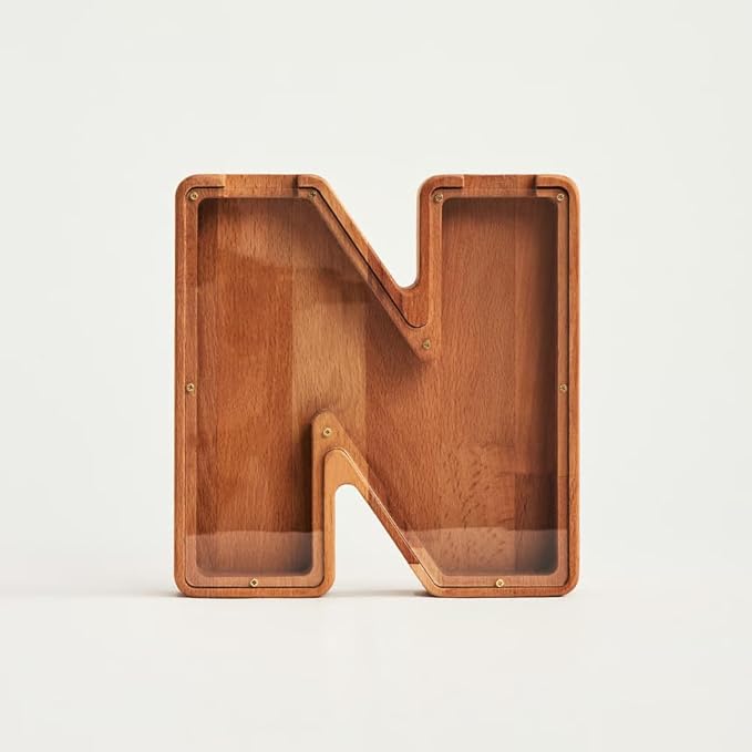Personalized Wooden Piggy Bank – Custom Letter N Coin Bank in Beech Wood with Clear Acrylic Front, Engraved Name Option, Money Saving Box for Kids and Adults