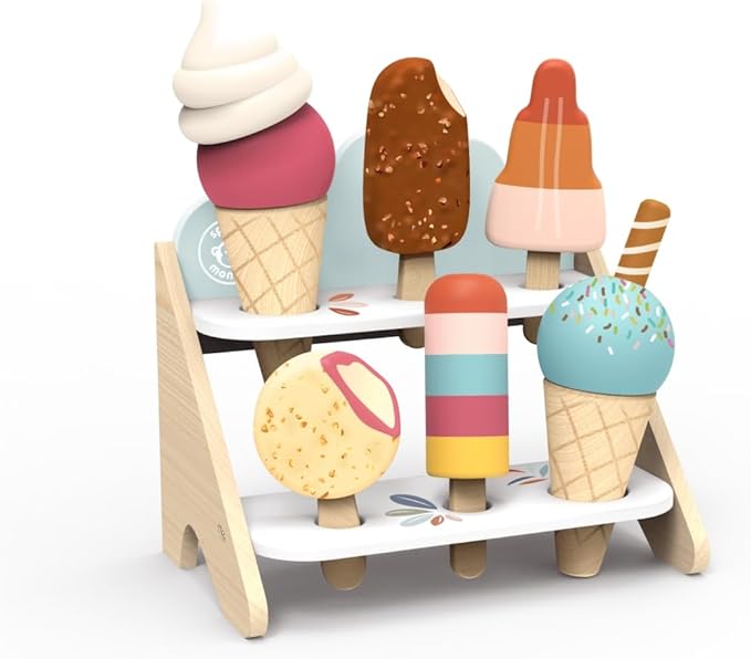 Speedy Monkey Wooden Ice Cream Shop Playset – FSC Certified Pretend Dessert Stand for Kids, Role Play Popsicle Toy Counter, Cones & Scoops Cart, Sweet Treat Ice Cream Parlour for Toddler, Boys & Girls