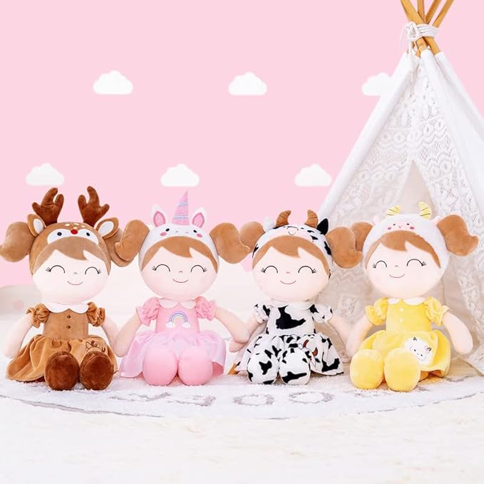 Gloveleya Plush Baby Doll Girl Gifts – 16 Inch Soft Elk Deer Doll with Gift Box, Brown Toddler Girl Birthday Present, Keepsake First Plush Toy for Nursery, Christmas