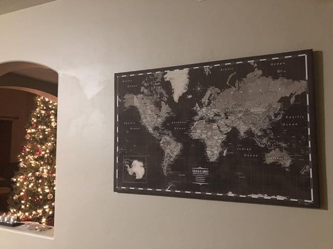 Conquest Maps World Travel Map with Pins Modern Slate Style Push Pin Travel Map Cork Board, Track Your Travels w/a Handmade Unique Canvas Pinable Map (24" x 16")