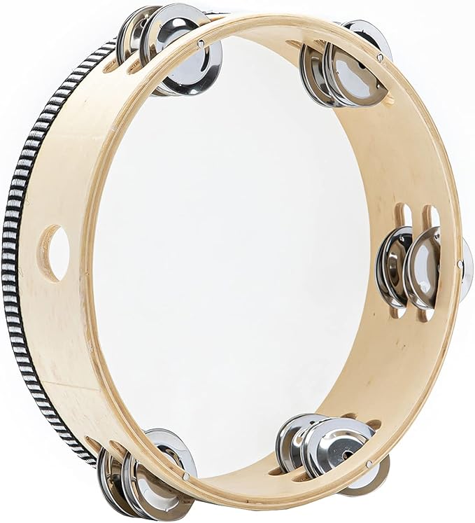 Musfunny Tambourine Hand Held Drum with Double Row Jingles, 8 inch Tambourines Metal Bell Hand Percussion for Adults Church Party (8 inch Natural)
