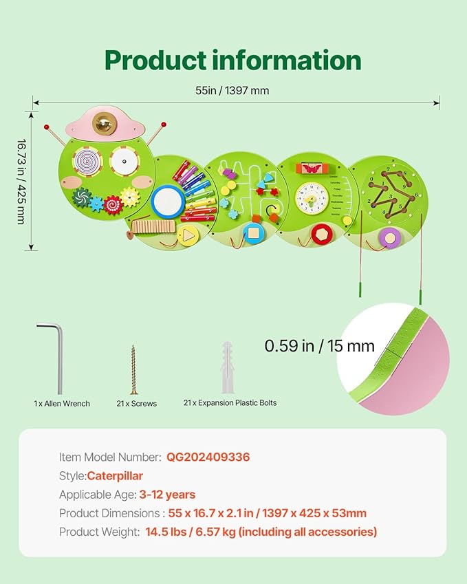 VEVOR Caterpillar Activity Wall Busy Board, 12 Activities Board, Montessori Sensory Panel for Kids 3-12 Years, Sensory Wall Activity Panel, Ideal for Toddler Playroom Nursery Classroom