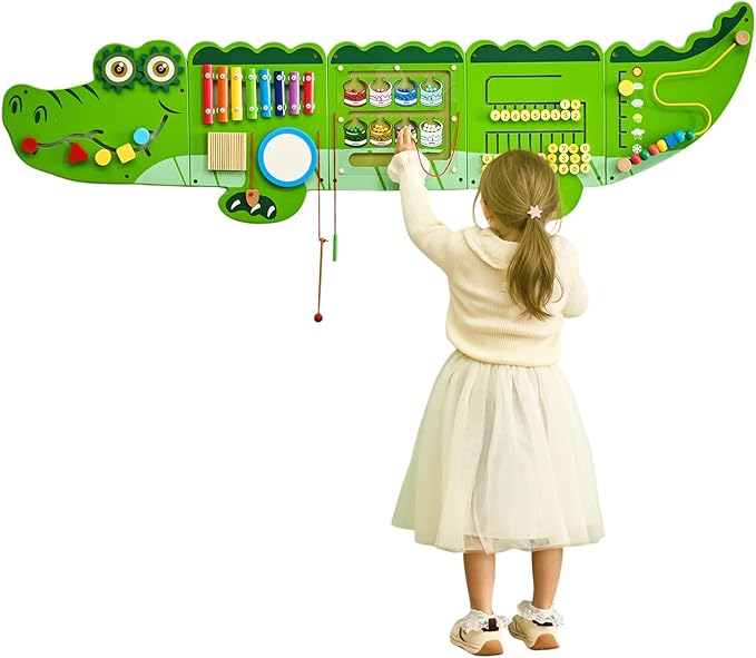VEVOR Crocodile Activity Busy Board Panel, 9 Wall Activities Board, Montessori Sensory Wall Panel for Kids 3-12 Years, Sensory Wall Activity Panel, Ideal for Toddler Playroom Nursery Classroom
