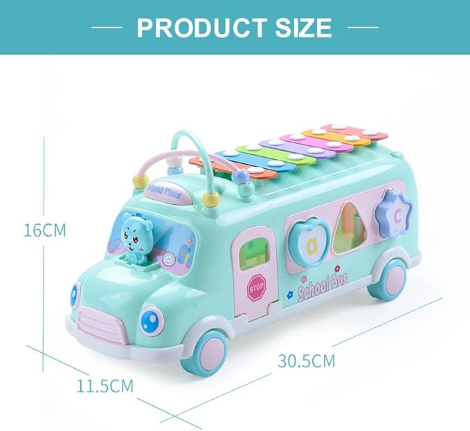 Baby School Bus Xylophone Toy for Toddlers 1-3, 5-in-1 Montessori Musical Bus Toys Gifts for 1 Year Old Baby Girl, Shape Sort Toys Knocking Xylophone Educational Instruments Birthday Gift Boy Girl