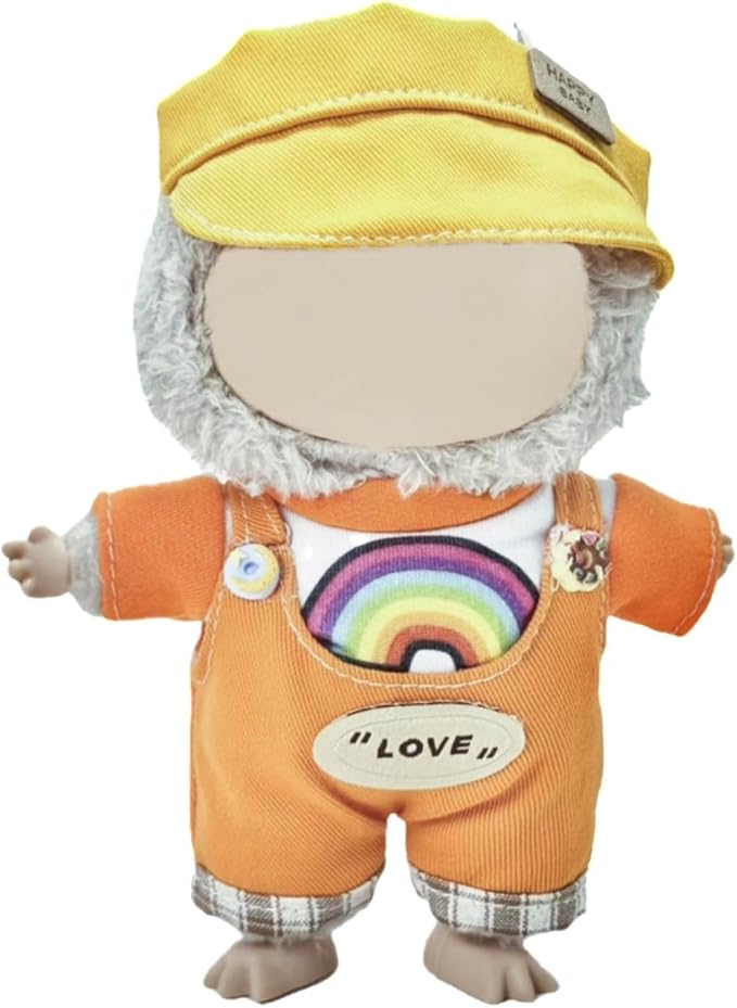17cm Doll Clothes Set(No Doll), Hat & Overalls Set for 17cm Labubu Suit, Cute Cloth for Dress up Unique Style Dolls Outfit Stylish Clothes for Labubu (Orange Suit)