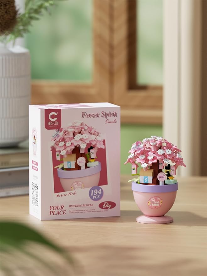 Cherry Cottage Mini Bonsai Tree Micro Building Set Building Toy Plant Cherry Tree Flower Collection Decor for Home Desk Greenery Decoration Building Blocks DIY Creative Gifts