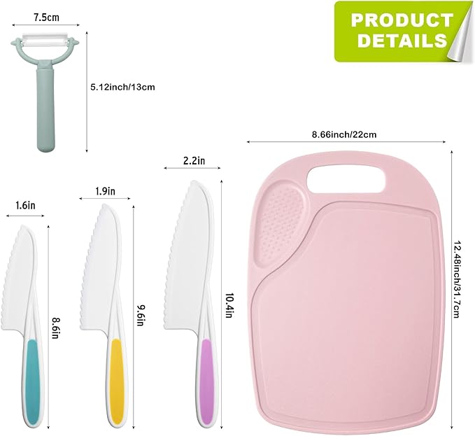 3 Pieces Kids Knife Set for Cooking, with Cutting Board and Safe Lettuce and Salad Knives, Kids Cooking Utensils in 3 Sizes & Colors for Fruit, Bread, Cake, Salad
