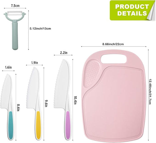 3 Pieces Kids Knife Set for Cooking, with Cutting Board and Safe Lettuce and Salad Knives, Kids Cooking Utensils in 3 Sizes & Colors for Fruit, Bread, Cake, Salad