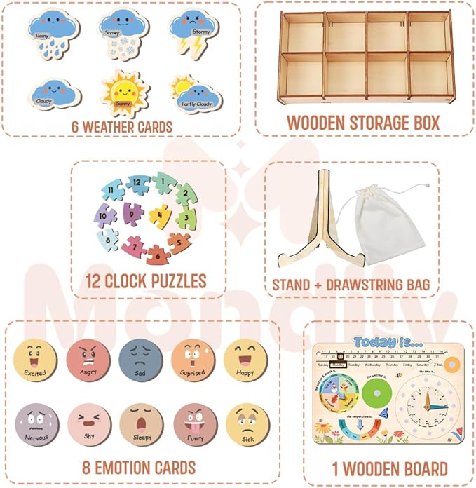 Interactive Calendar for Kids Ages 3+, Wooden Toddler Calendar, Teaching Seasons, Years, Months, Days of Week, Daily Activity Calendars for Kid Preschool & Homeschool (10 x 14 inches)