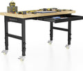 48'' Adjustable Workbench, Solid Wood Work Bench Table with Wheels and Power Outlet, Rolling Workbench with Drawers, Large Load Capacity Garage Workbench for Workshop,Office,Home