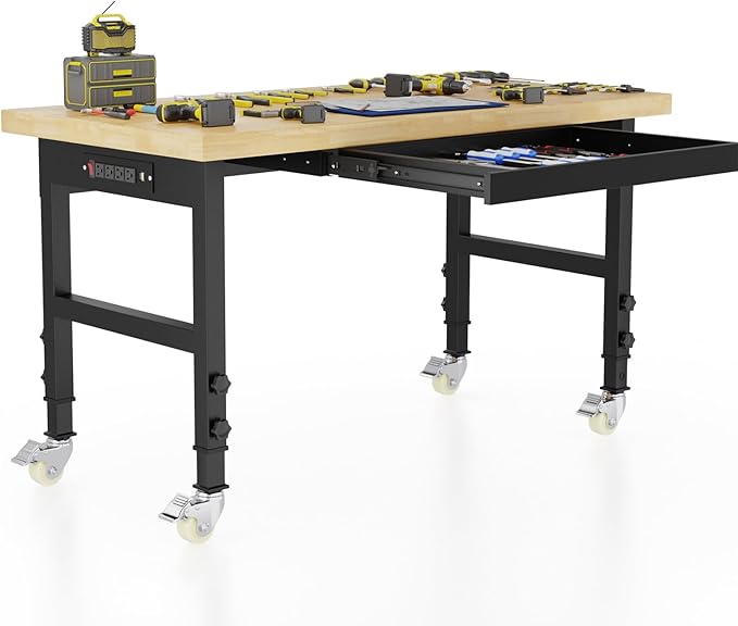 48'' Adjustable Workbench, Solid Wood Work Bench Table with Wheels and Power Outlet, Rolling Workbench with Drawers, Large Load Capacity Garage Workbench for Workshop,Office,Home