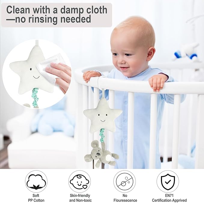 Baby Hanging Musical Toy With Music Box, Lullaby Pull Sensory for Babies Boys and Girls, Clip On Infant Pram Pushchair Cribs Strollers Car Seats, Star