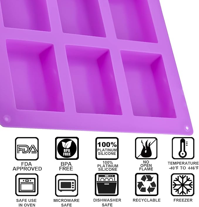 2 Pack Silicone Soap Molds, 6 Cavities Rectangle Silicone Soap Molds, Great for Homemade Craft Soap Mold, Chocolate Mold, Cake Mold ＆ Ice Cube Tray - Just Pop Out（Purple)