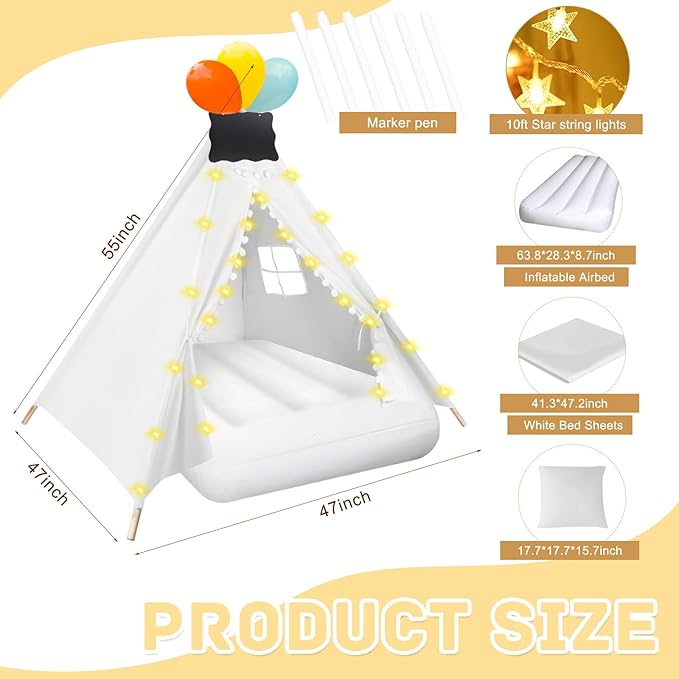 6 Pcs Kids Teepee Tent Bulk with Light String Inflatable Airbed Bedding Fitted Sheet and Markeable Small Blackboards for Boys Girls Indoor Outdoor Slumber Party (White)