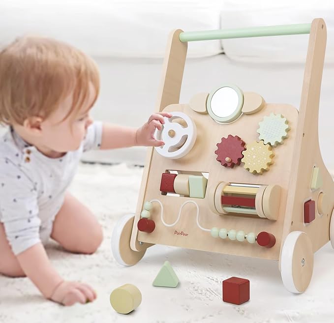 PairPear Wooden Baby Walker with Wheels, Baby Sit-to-Stand Baby Walker & Activity Cart, Montessori Activity Walker Busy Board for Baby Boys Girls 12m+(Sage Green)