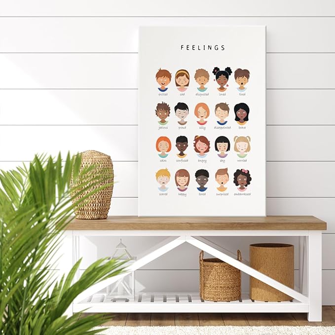 uoyien Feelings Chart And Emotions Poster For kids Mental Health Awareness Canvas Wall Art Special Emotions Faces Calm Corner Prints Classroom Social Worker Office Decor 16x22in Wood Framed