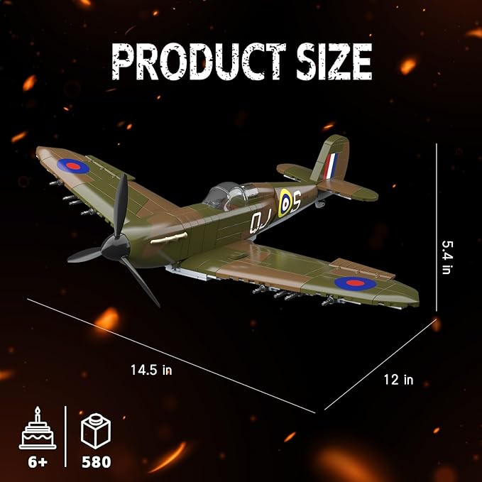 WW2 Military Fighter Jet UK Spitfire F.MK.la Plane Building Block Set, 682PCS Army Airplane Models Kit, Compatible with Lego,Airplane Toys Gifts for Ages 6+ Kid and Adult