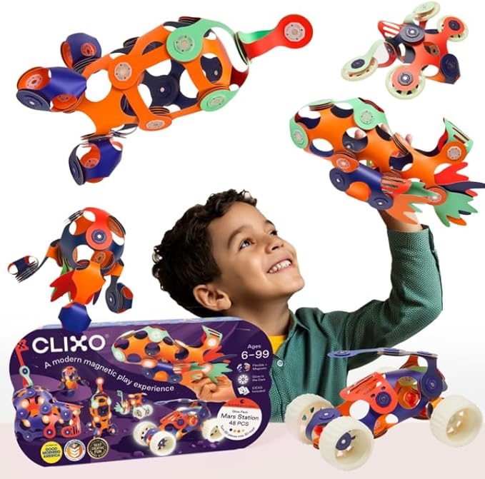 Clixo Mars Station Pack - 48 Magnetic Pieces in14 Shapes. Flexible STEM Building Glow-in-The-Dark Set with All-Terrain Wheels & Galactic Adventure. Build Rovers, Spaceships & Labs. Ages 6+