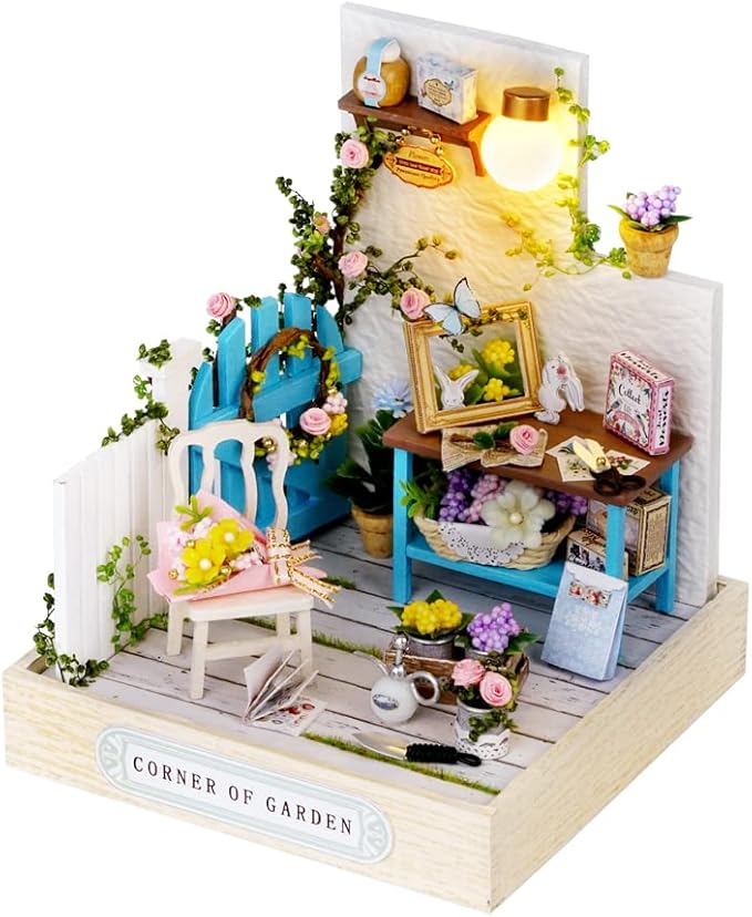 TuKIIE DIY Miniature Dollhouse Kit with Furniture, 1:24 Scale Creative Room Mini Wooden Doll House Plus Dust Proof for Kids Teens Adults(Corner of Garden)
