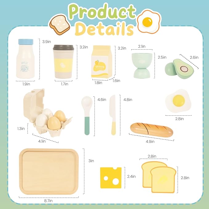Wooden Play Food Sets for Kids Kitchen, Food Toys for Toddlers 3+ Year Old, Pretend Food Play Kitchen Accessories, Cutting Food Gift for Boys Girls