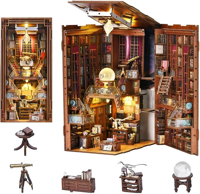 Book Nook Kit, DIY Miniature Dollhouse Library House Kit for Adult and Teens, 3D Wooden Puzzle Bookends Bookshelf with Sensor Led Light (Beyond Library)
