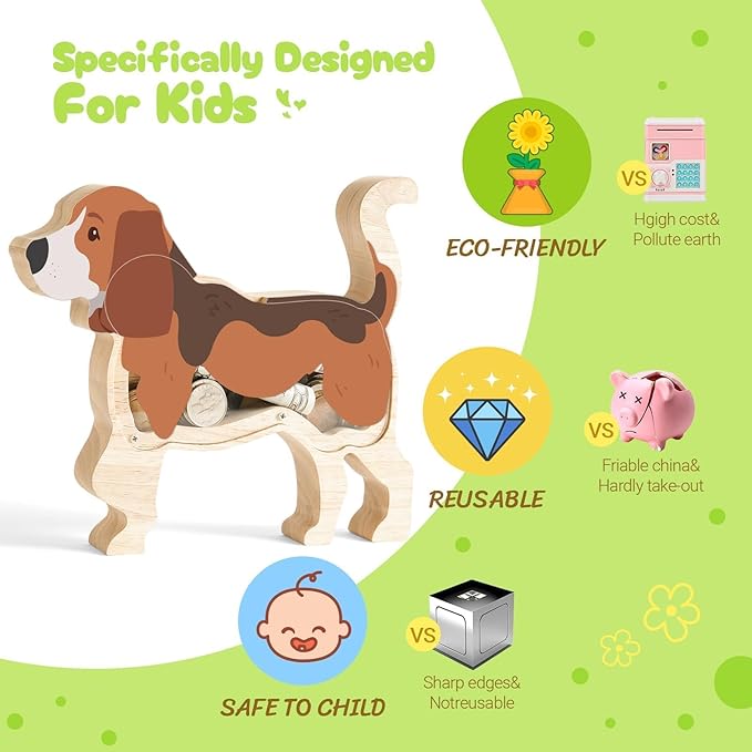 Wooden Beagle Dog Piggy Banks for Kids, Adorable Dog Piggy Bank with Acrylic Panels, Unbreakable Toddler Money Box for Boys Girls, Cute Saving Coin Jar for Birthday Décor