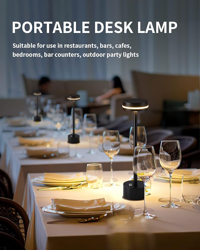 PUSU Portable Table Lamp Battery Powered LED Lamp Cordless Table Lights 3-Level Brightness Touch Control,for Home Office Bedroom Hotel Room Restaurant Outdoor(Black)