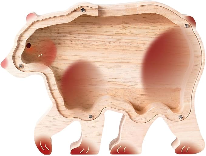 Wooden Bear Piggy Banks for Kids, Cute Unbreakable Money Coin Bank Jar, Safe Money Box, Transparent Saving Jar, Birthday Anniversary Baptism Gifts for Boys Girls Toddler Bear Lovers