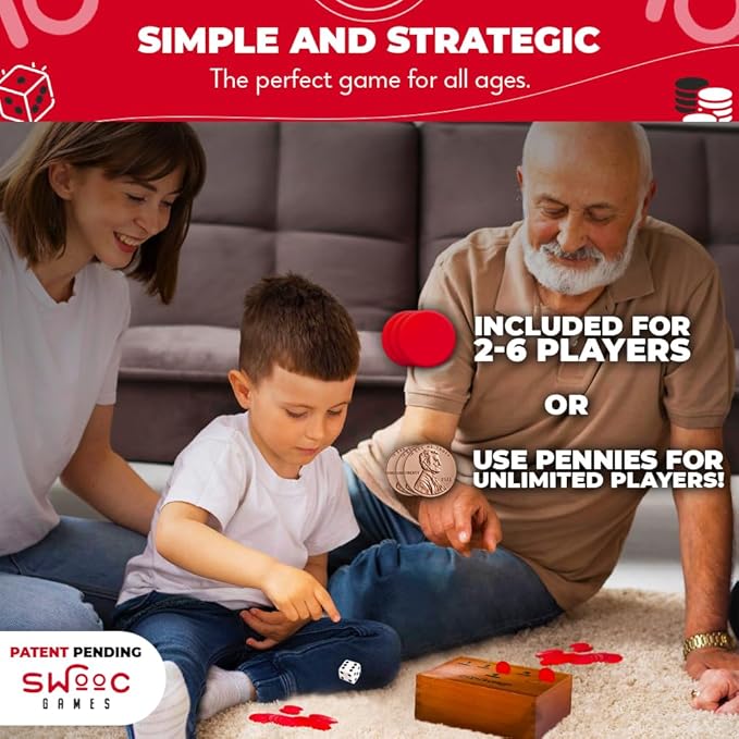 SWOOC Games - Coin Drop™ | Simple + Strategic Dice Games for Families with Coins Included for 2-6 Players | Works W/Pennies Too | Get Rid of Coins to Win | Board Games for Kids | Penny Game Wood Box