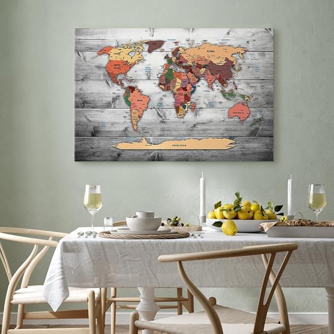 artgeist Acoustic Canvas Wall Art Print World Map 35x24 in - 1pcs Picture with Acoustic Foam Sound Print Artwork Room Acoustics Soundproofing World Travel Map Wood k-B-0009-b-c
