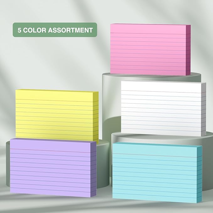 250-Pack Colored Index Cards 3x5 Inch – 180gsm Heavyweight Flashcards – 5 Vibrant Colors Flash Cards (White, Pink, Purple, Blue, Yellow) – Perfect for Study, Notes & Memory! Student School Supplies