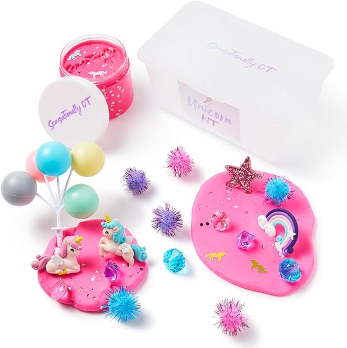 Senationally OT - 2025 Edition - Mini Unicorn Sensory Dough Kit -1 Jar Magic Dough, Sensory Bin for Toddlers & Scooper-Count Sparkly Pom-Poms, Bring Unicorns to Life in a Magical Fairytale