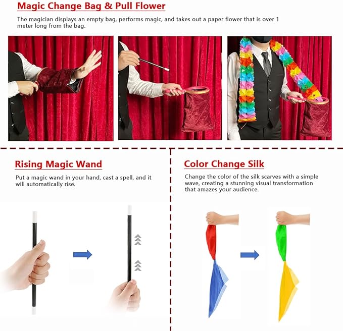 6Pcs Magic Trick Set for Stage Performances | Easy Magic Kit with Change Bag, Vanishing Silk & More | Great for Beginners
