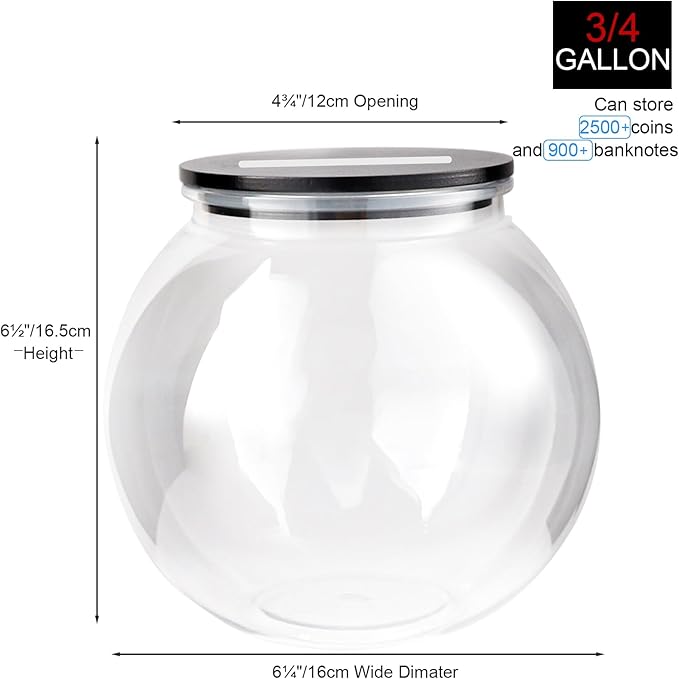 Large Clear Coin Bank Jar with Slotted Lid, 3/4 Gallon Plastic Money Tip Change Savings Coin Jar for Coin or Raffle Ticket, Big Money Coin Tip Piggy Change Bank Box for Adults Teens, Black