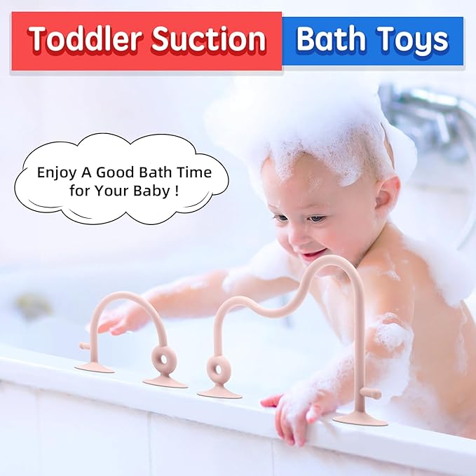 Baby Sensory High Chair Suction Toys for Infant Toddlers 6 12 18 24 Months Gifts, Food Grade Silicone String with Oak Loop Montessori Educational Baby Bath Toy (Pink)