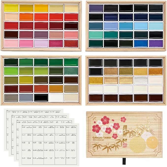 Kuretake GANSAI TAMBI Watercolor Paint Set 100 Colors with Wooden Box, Professional-quality art supplies for artists adult painting Non-Toxic, Made in Japan