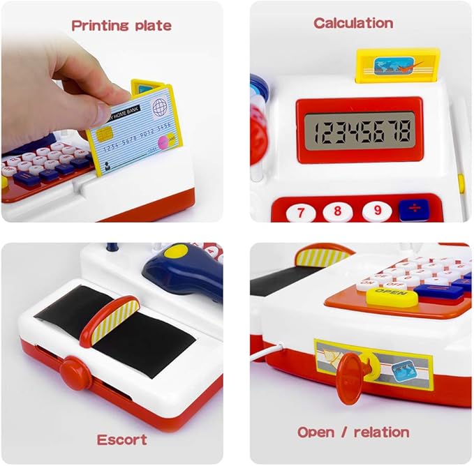 ZOVI Cash Register Playset Toy for Kids with Scanner, Real Calculator, Microphone, Play Food, Supermarket Cashier, Sounds & Early Learning Play