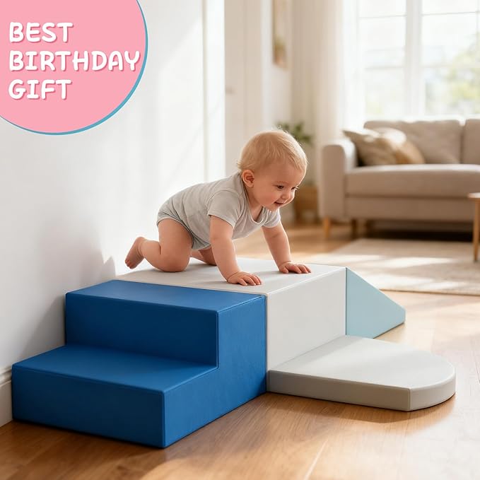 4-Piece Toddler Climbing Toys, Baby Soft Foam Climbing Blocks Set for Indoor Crawling Climbing and Sliding, Modular Play Structures 1-3 Years Old Climber Activity Playground