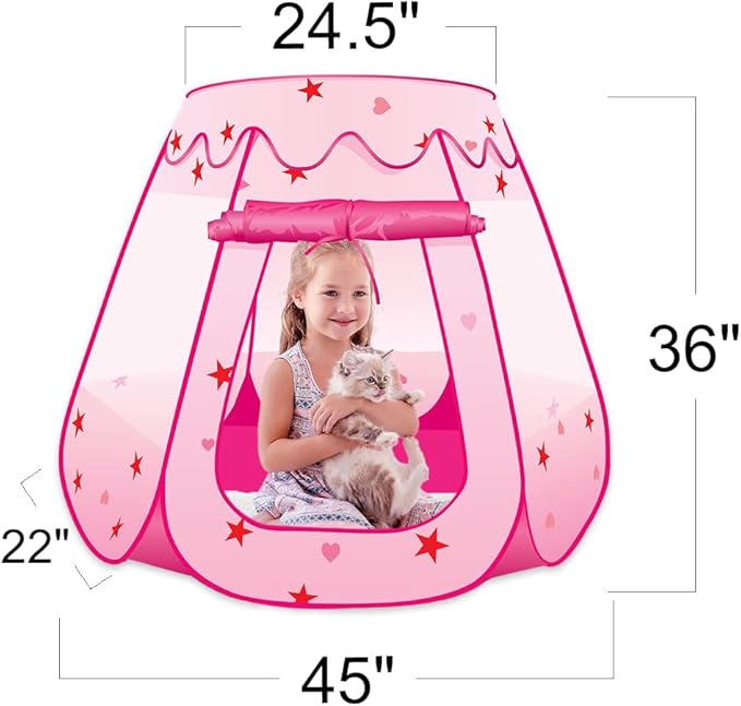 ArtCreativity Pop Up Princess Tent, Kids Playhouse Tent with a Carry Bag, Foldable Pink Princess Ball Pit for Girls 1,2 3,4 Year Old Birthday, Indoor & Outdoor Play House for Kids
