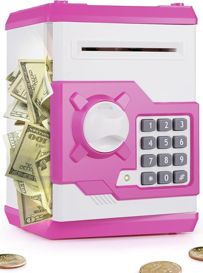 Piggy Bank for Girls Boys Large Electronic Money Coin Banks with Password Protection, Automatic Paper Money Scroll Saving Box, Great Gift for Kids (Pink-White)