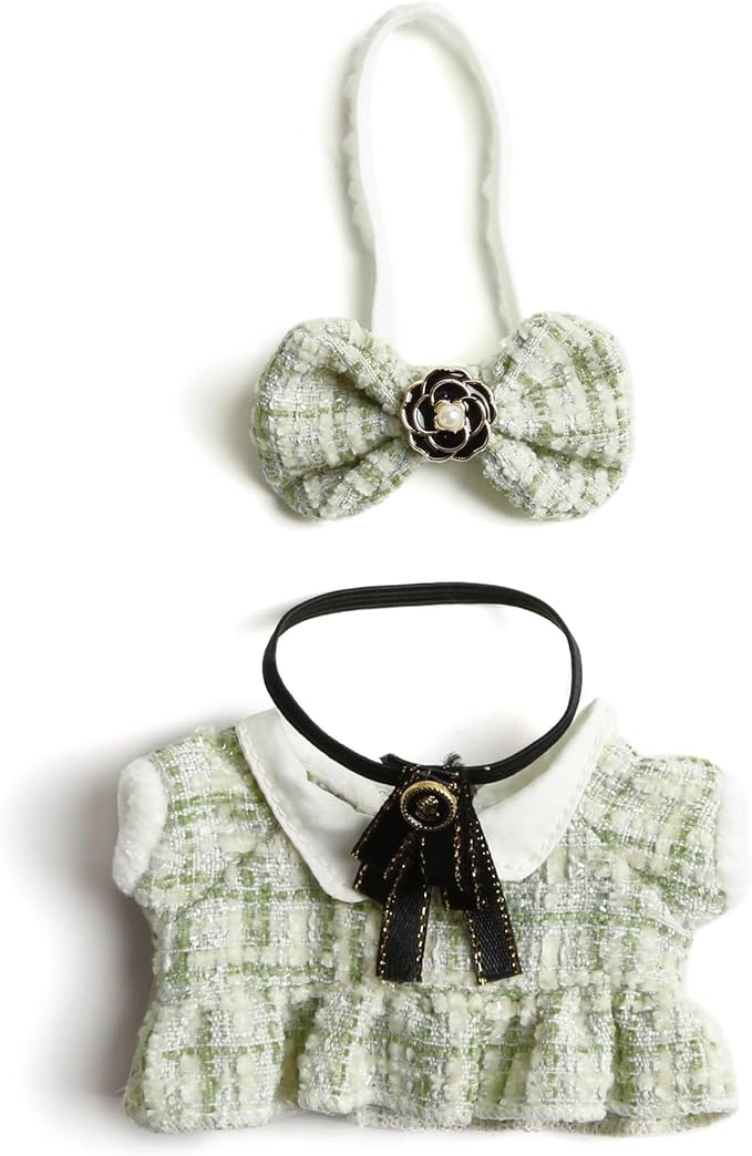 17cm Doll Clothes for Labubu- Luxury Chic Style Set for 17cm Dolls Outfit - Accessories for Dolls Clothes -Green Plaid Tweed Dress + Black Necktie + Green Bow (No Doll)