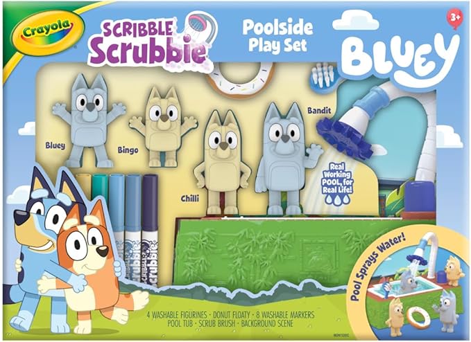 Crayola Scribble Scrubbies Bluey Poolside Playset (4ct), Washable Bluey Toy Set for Kids, Holiday for Toddlers, with Bingo, Chilli, and Bandit, Ages 3+