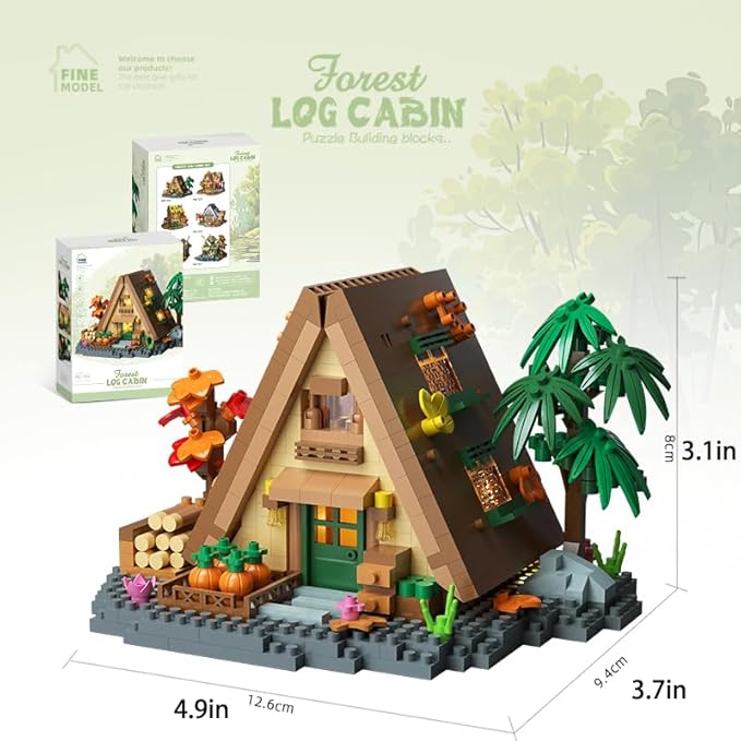 Countryside Mini Wood Cabin Micro Building Set with LED Light Wooden Forest House Block Toy with Tree Log Stem Houses Construction Model for Adults Teens Birthday Gift