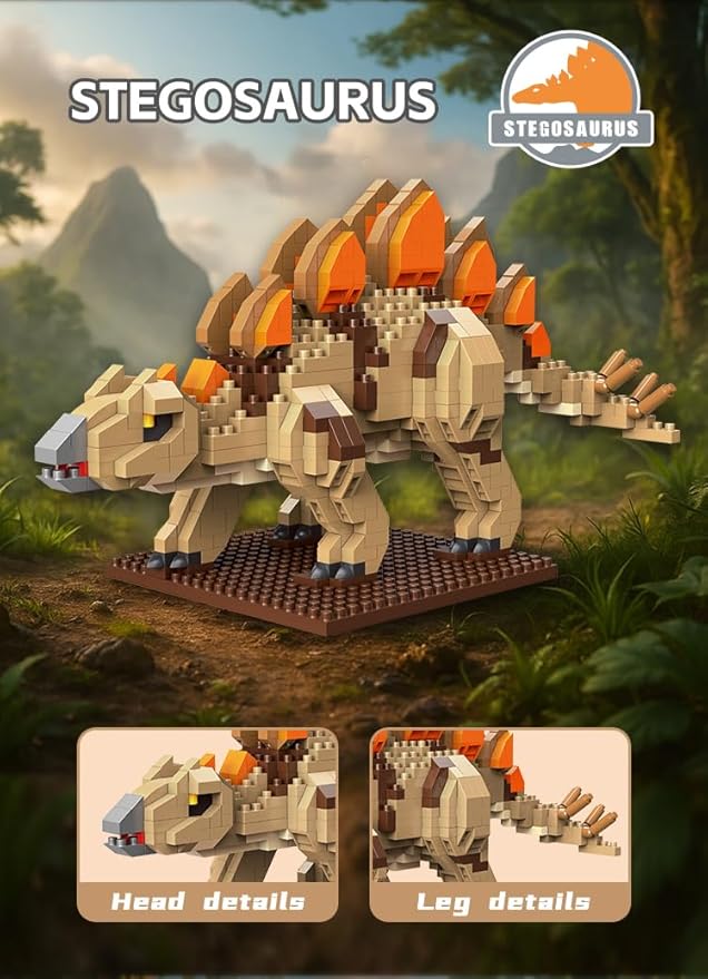 Jurassic Dinosaur Micro Building Blocks, 900pcs Stegosaurus Tyrannosaurus Rex DIY Mini Diamond Blocks Bricks Toy for Boys Age 8-12 14+ Teens Adults