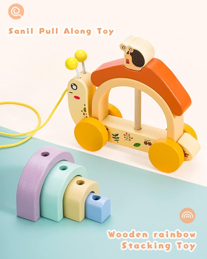Wooden Snail Pull Along Toy, Walking Along Pull Toys for Toddlers, Wood Snail Rainbow Stacker with Wheel, Birthday Gift to Developing Hand-Eye Coordination, Grasping, Motor Skill