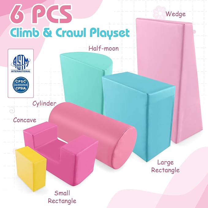 Costzon Toddler Climbing, 6 Pieces Climb and Crawl Playset with PU Cover for Baby Crawling, Climbing & Walking, Indoor Foam Climbing Blocks for Toddlers (Pink)
