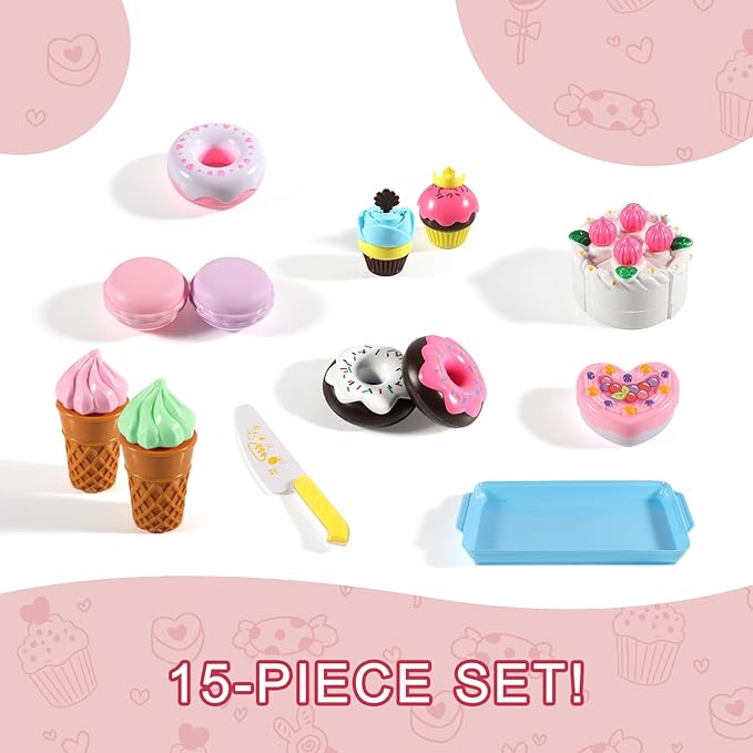 15 PCS Pretend Play Food Set - Play Food for Kids Kitchen - Pretend Cutting Play Desserts Cake Ice Cream and Donuts Food Toys - Birthday Gifts Set Toy for Boys, Girls, Kids, Toddler