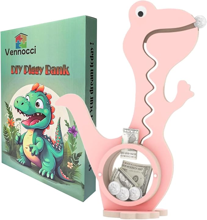 A3 Dinosaur Piggy Bank for Kids Boys Girls, Wooden Coin Bank with Large Clear Acrylic Belly, Cute Money Savings Box Toy Gift for Toddlers Birthday Christmas (Pink)