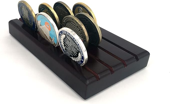 Glamtune 4 Rows Coin Holder,Challenge Coin Display Stand Rack Military Coin Holder (Wood )
